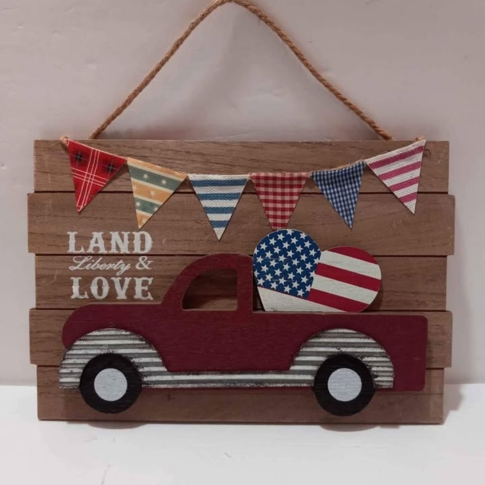 Rustic Wooden Wall Decor with Red Truck and American Flag